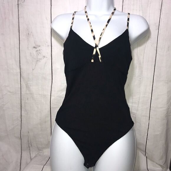 Express One Eleven Leopard Trim/Black Bodysuit-M - Picture 1 of 5